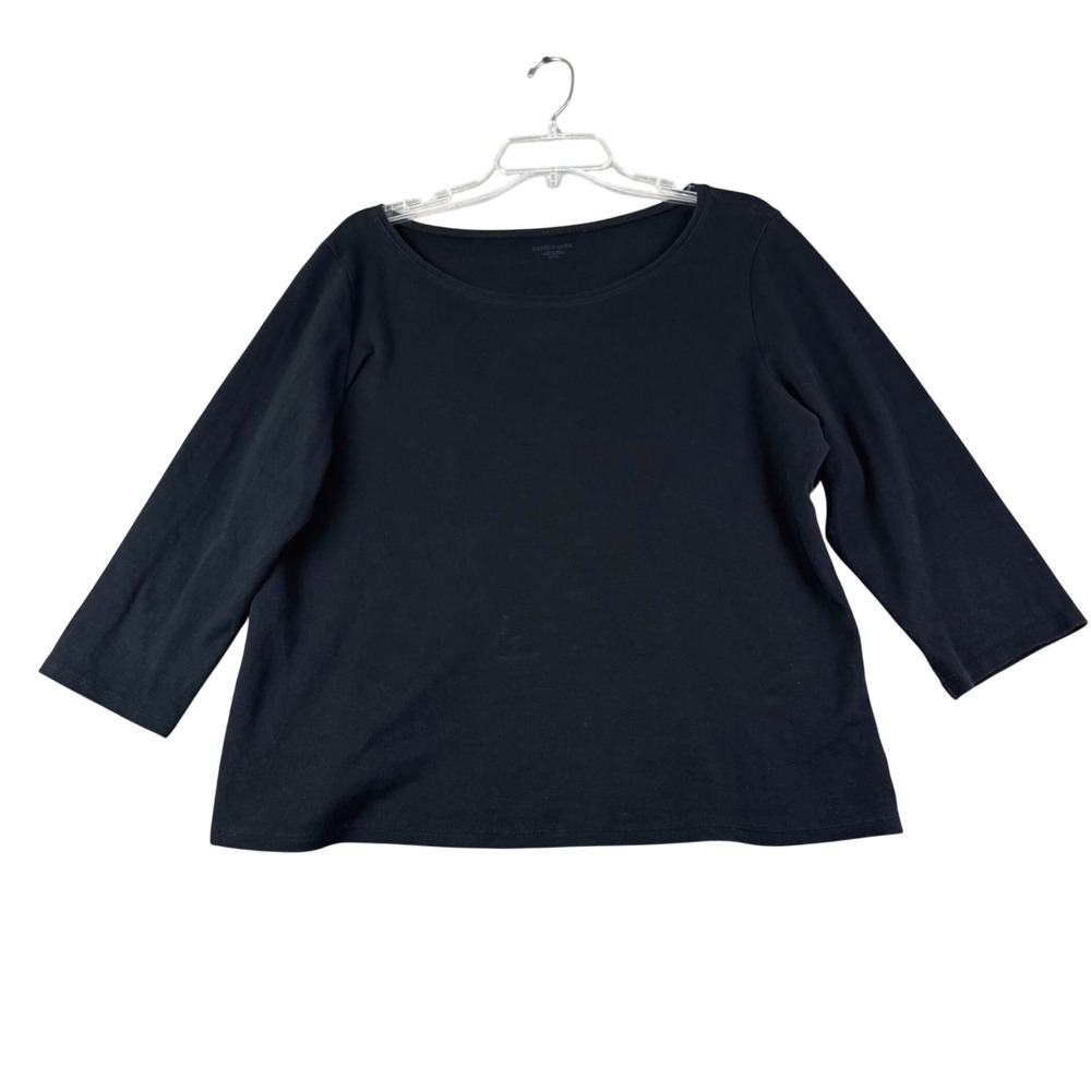 Eileen Fisher XL Black 100% Organic Cotton 3/4 Sleeve Boat Neck Top Minimalist